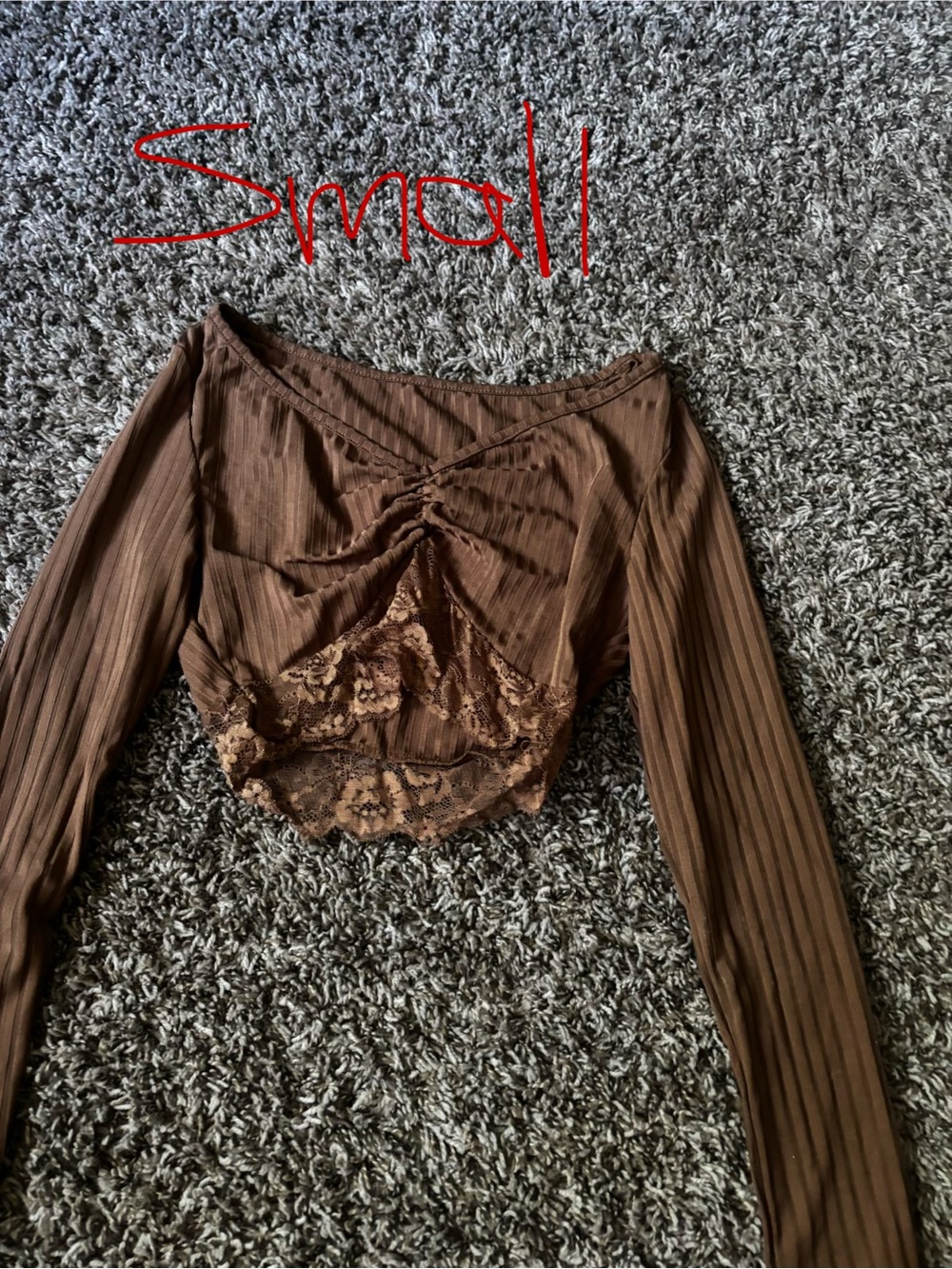 SHEIN Brown Ribbed Lace-Trim Off-Shoulder Crop Top